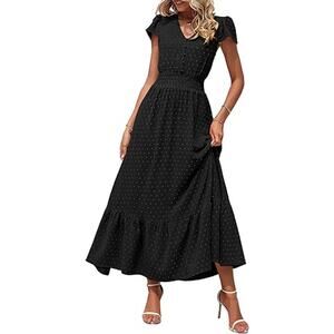 Womens Black Boho Short Sleeve V Neck Swiss Dot Ruffle Cocktail Dress